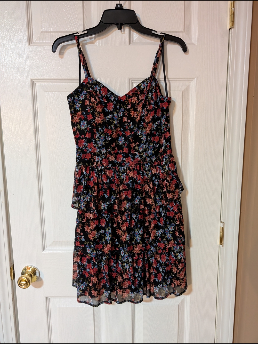 Floral Tiered Spaghetti Strap Dress - Black with Pink & Blue Flowers